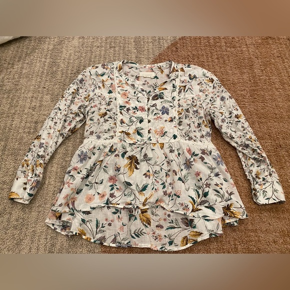 Anthropologie Ginevra Lace Babydoll Blouse Petite Large Lacey Top Floral Peplum - Picture 3 of 10